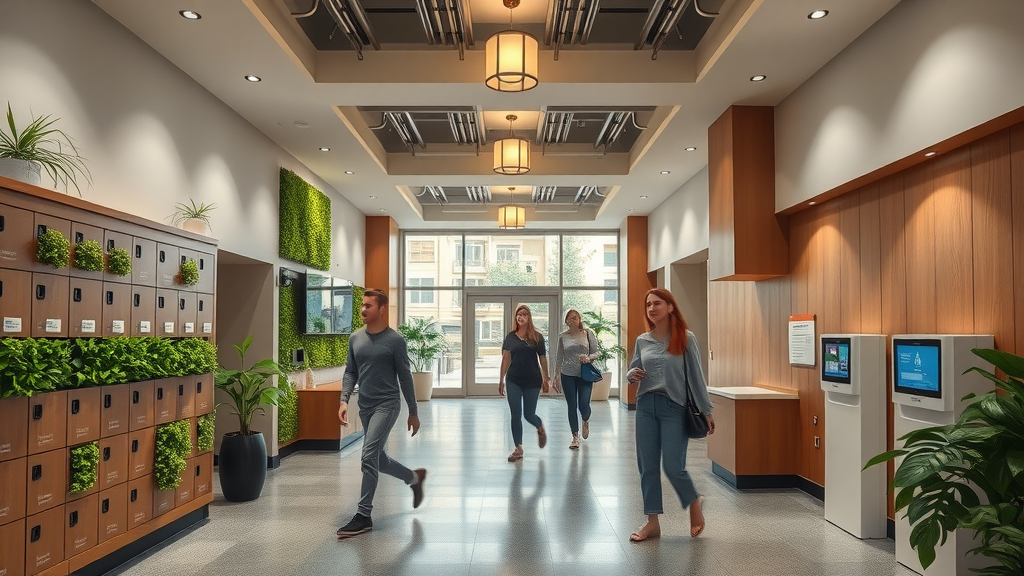 Modern apartment lobby in Charlotte NC with package lockers, tech lounge, green design, apartments with amenities Charlotte NC