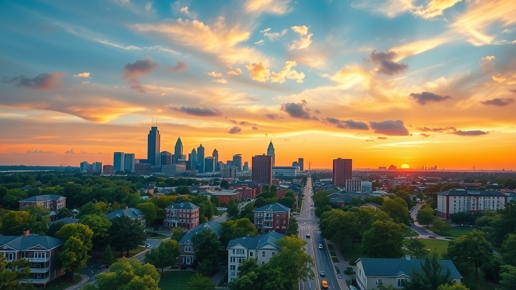 Vibrant Charlotte cityscape at sunset showing downtown skyline and neighborhoods, representing cost of living Charlotte