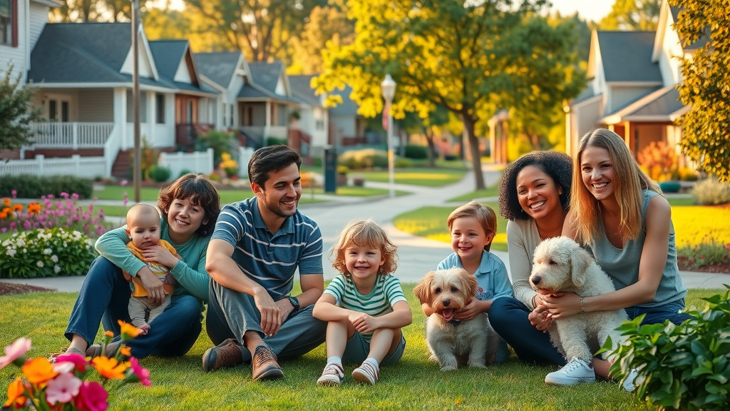 vibrant Charlotte neighborhood, families in community parks, mecklenburg county, carolina real estate, suburban homes and blooming gardens