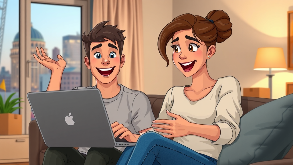 Optimistic young couple searching for apartments in Charlotte NC on a laptop, cozy apartment setting, apartments with amenities Charlotte NC