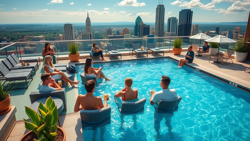 Stylish rooftop pool overlooking Charlotte skyline, young professionals enjoying poolside, city views and lush landscaping at a luxury apartment