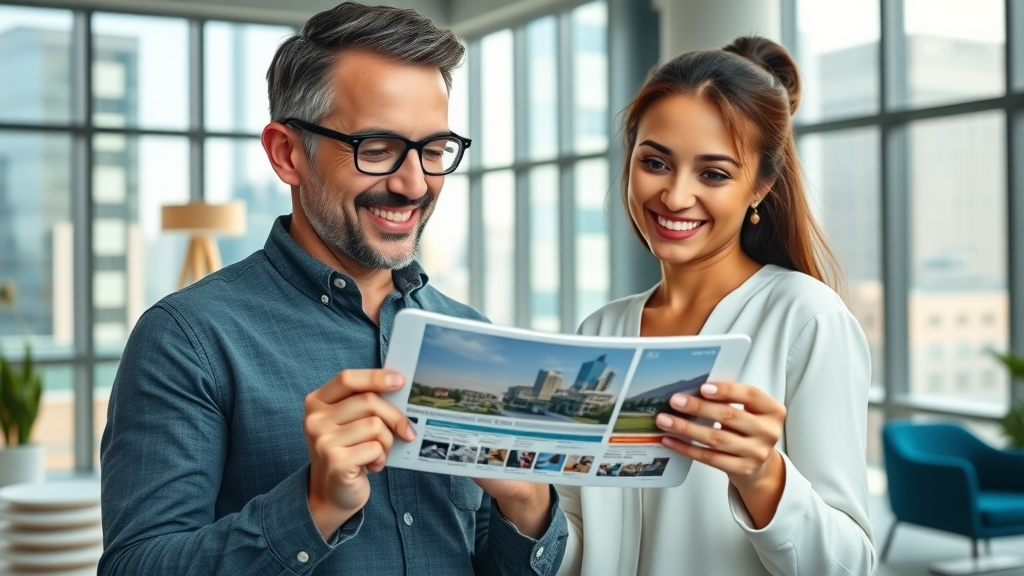 Confident investor couple reviewing Charlotte financial district real estate listings, modern office, city views. Financial district real estate charlotte.