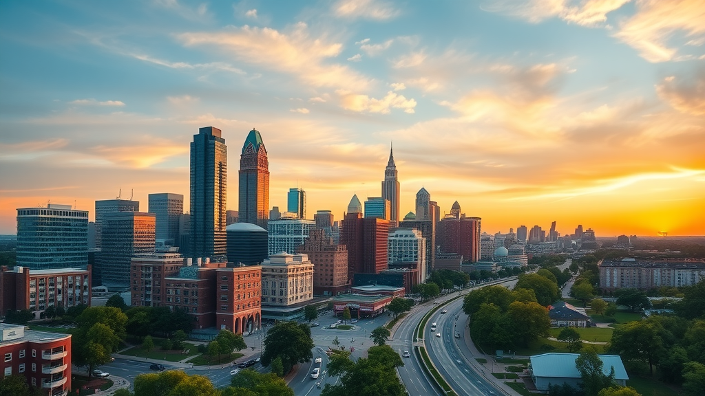 Vibrant Charlotte city skyline at sunset showcasing modern apartment buildings and historic neighborhoods in the charlotte nc rental market