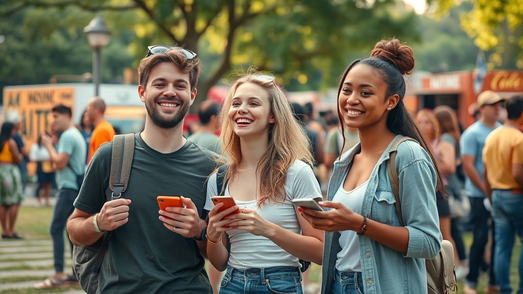 Creative professionals at a lively Charlotte arts district festival, admiring art, food trucks, and installations
