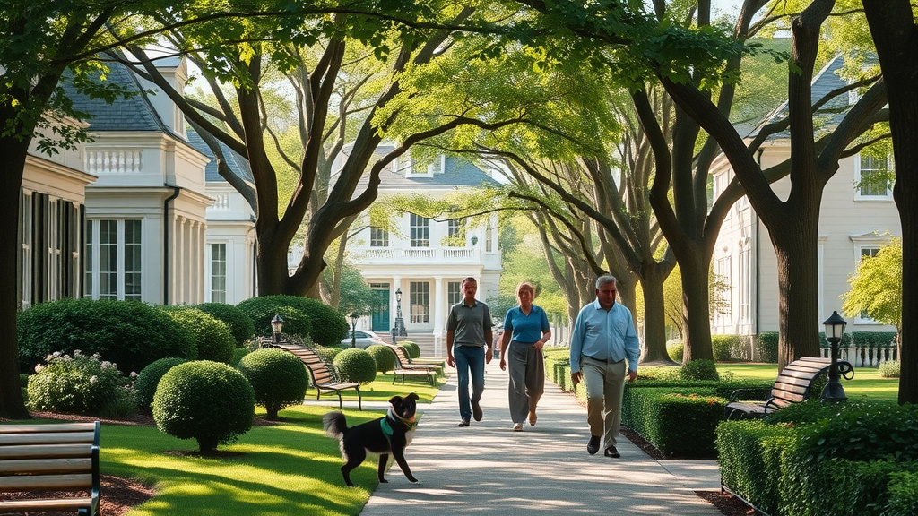 elegant Myers Park neighborhood in Charlotte, tranquil yet sophisticated, residents strolling with pets, lush landscaping, classic homes, and tree canopies. Urban living charlotte combines sophistication and charm.