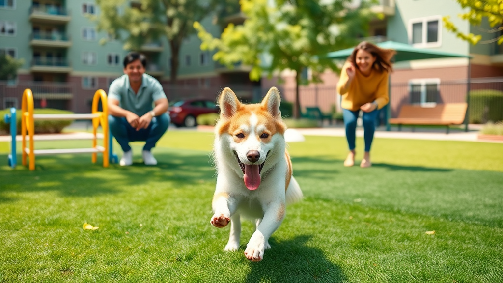 Charming apartment community dog park Charlotte NC, joyful dog and residents, pet-friendly amenities