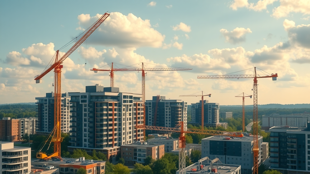 dynamic construction scene, workers building modern apartments, cranes and new apartment complexes rising in Charlotte
