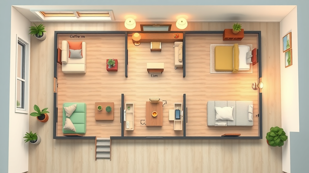 Spacious apartment floor plan from above—open concept, labeled rooms and living zones. Popular charlotte nc apartment floor plan design, color-coded.