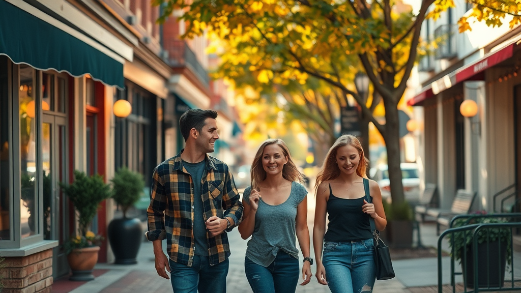 Stylish Charlotte neighborhood street with friends by upscale cafes, lively south end atmosphere, urban apartment living.