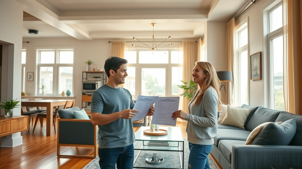 inviting apartment interior with modern furnishings and hardwood floors, open-concept, residents reviewing amenities checklist in affordable apartments charlotte nc, sunlight through large windows, cheerful mood
