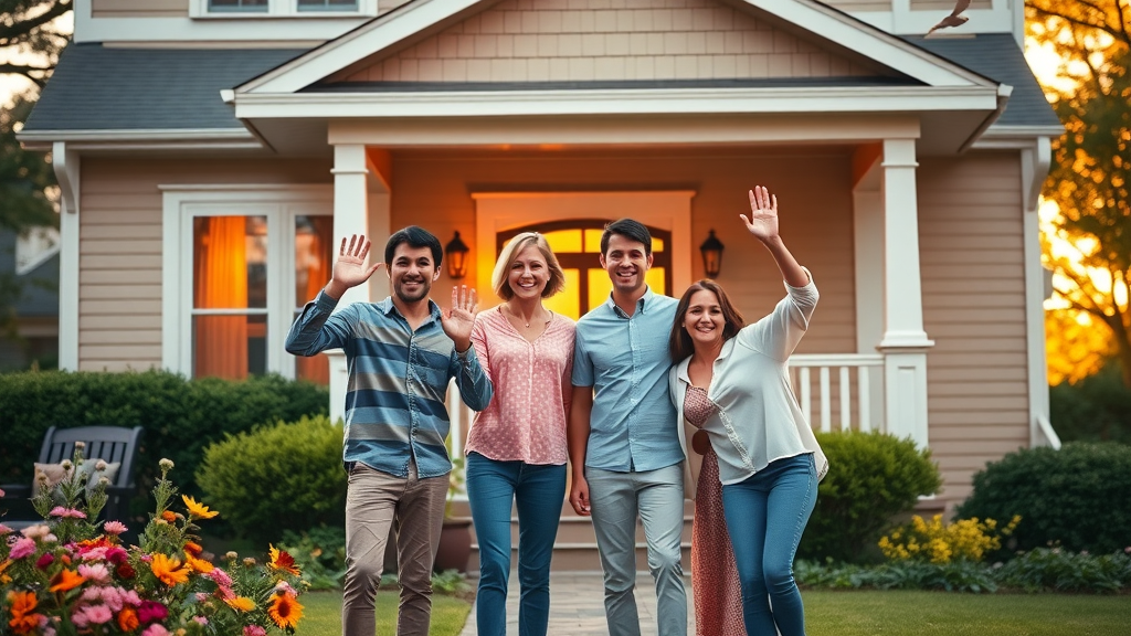 Joyful family of four in front of their Charlotte home, waving at neighbors in a family-friendly Charlotte neighborhood, classic craftsman house in sunset glow.