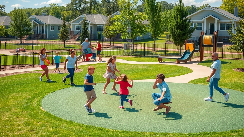 picturesque Ballantyne playground, families, children, living in charlotte neighborhoods, lush park, modern homes, vibrant greens, photorealistic