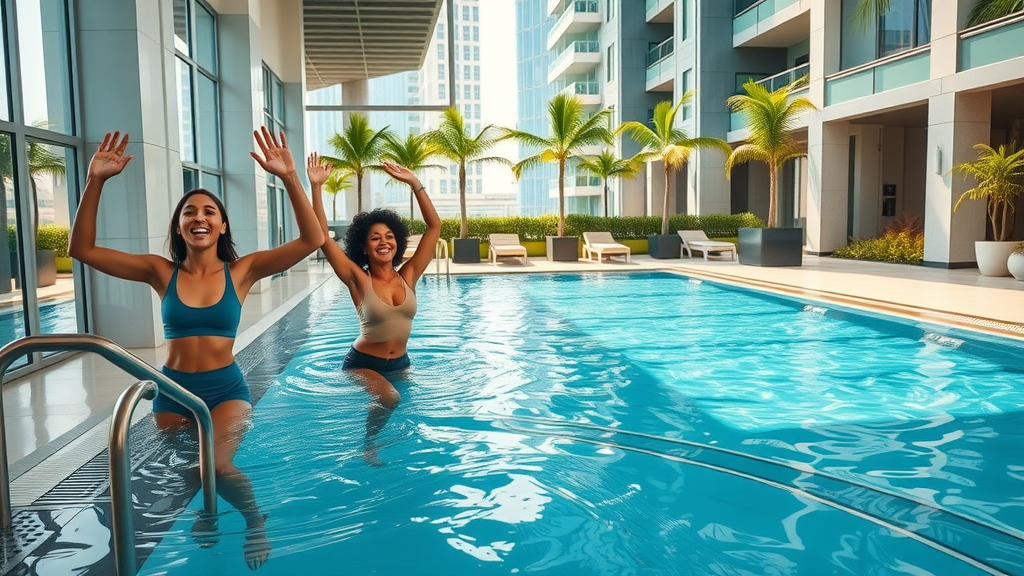 Luxurious Charlotte apartment amenities with modern fitness center and sparkling swimming pool, high-rise living, resident comfort.