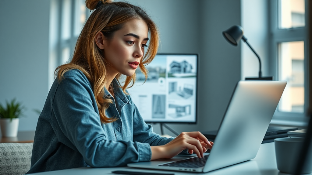 Modern workspace searching affordable apartments Charlotte, millennial woman with laptop reviewing apartment listings, virtual tours and blueprints on screen, soft lighting