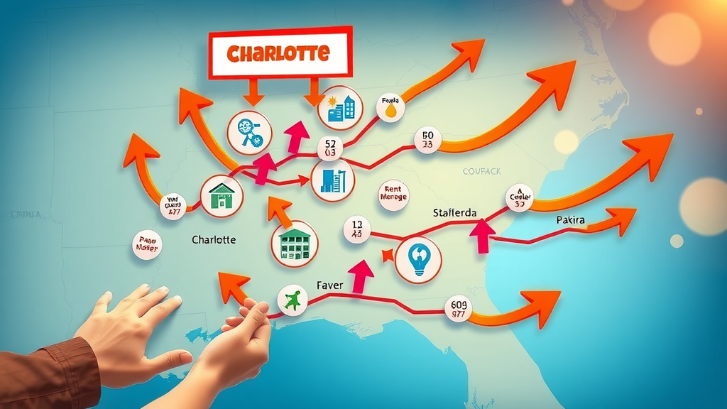 colorful infographic-style Charlotte rental market map, rent growth trends in major Southeastern cities, Charlotte, rent price comparisons with regional competitors