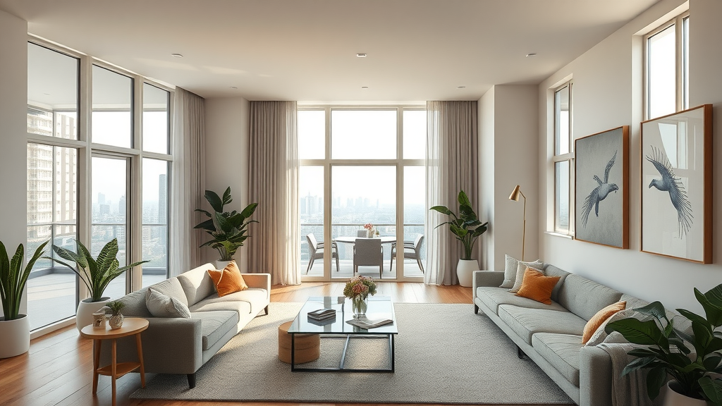 Elegant contemporary apartment interior in Uptown Charlotte with modern furnishings, floor-to-ceiling windows, and abundant sunlight