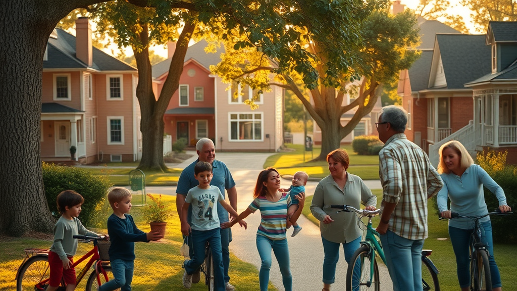 Warm, inviting North Carolina neighborhood, multigenerational families with treehouses, kids playing, and gentle sunlight, family-friendly life in North Carolina.