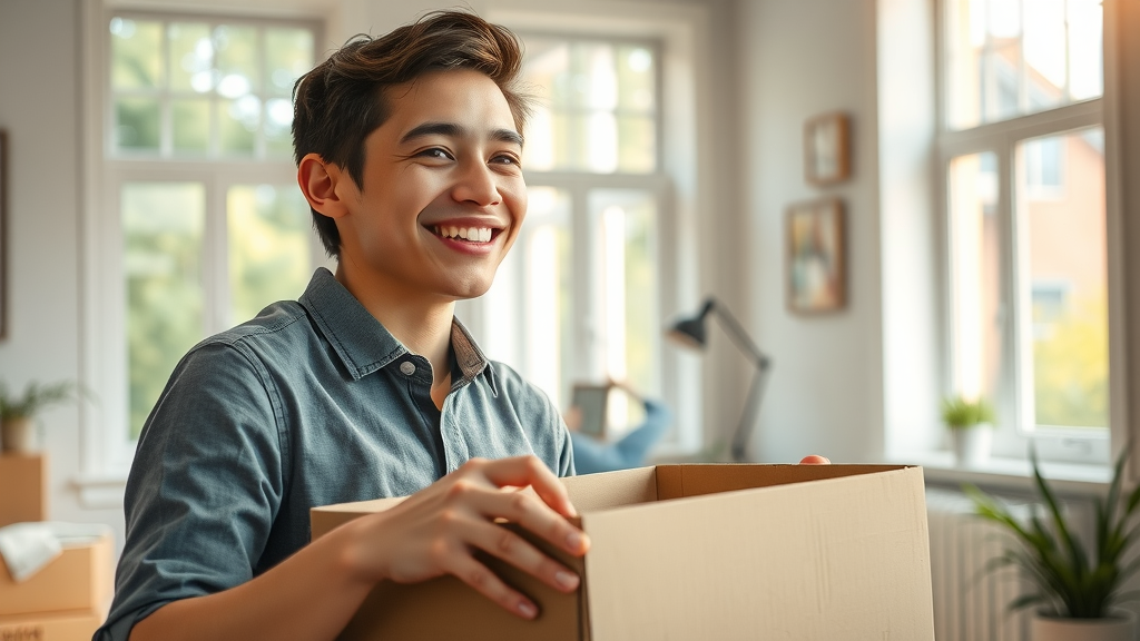joyful young professional unpacking a moving box in a bright affordable apartment, relaxed and satisfied expression, Photorealistic High Fidelity Lifelike, background with windows showing green Charlotte neighborhood, highly detailed, sunlight pouring into the room, pastel colors, warm afternoon light, shot with a portrait lens