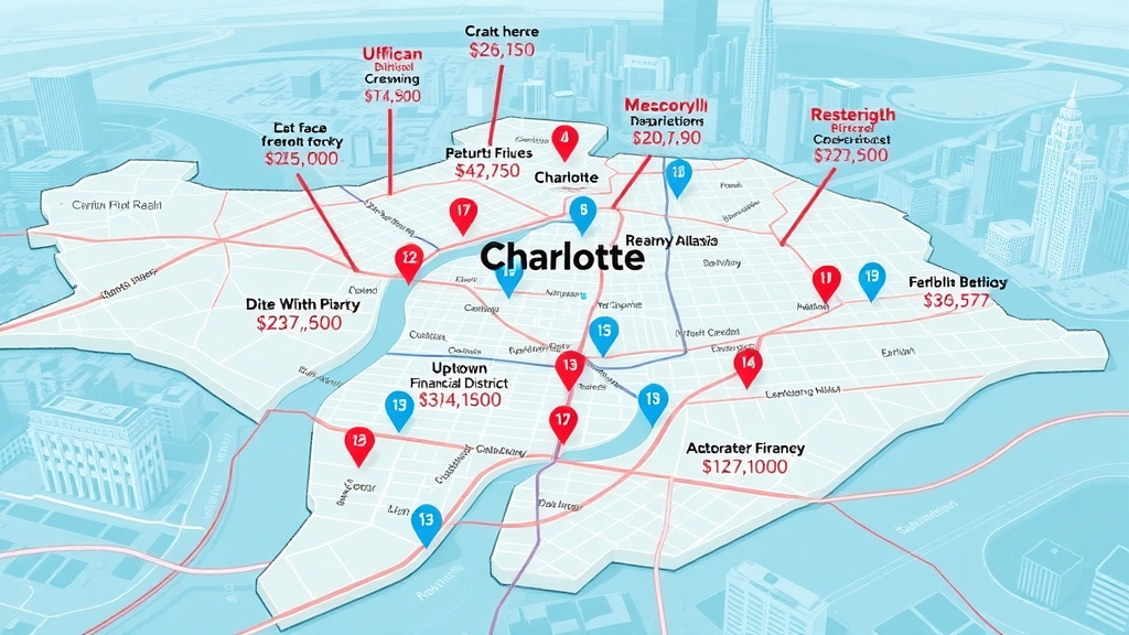 Detailed map visualization of Charlotte neighborhoods, highlighting Uptown Financial District versus surrounding areas, with color-coded rent prices and major landmarks - uptown charlotte rent