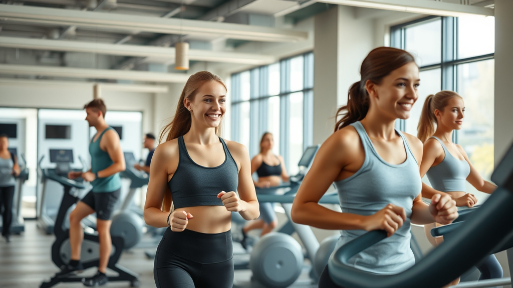 Modern apartment fitness center Charlotte NC, adults exercising with new cardio machines