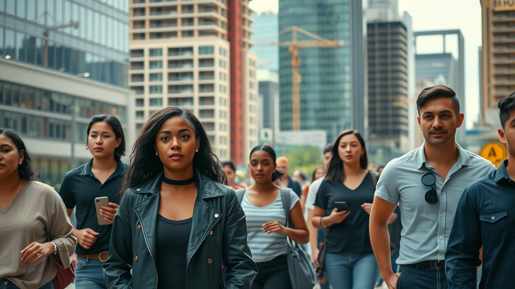 Busy Charlotte urban street with diverse renters and luxury apartments, showing rental demand and city bustle