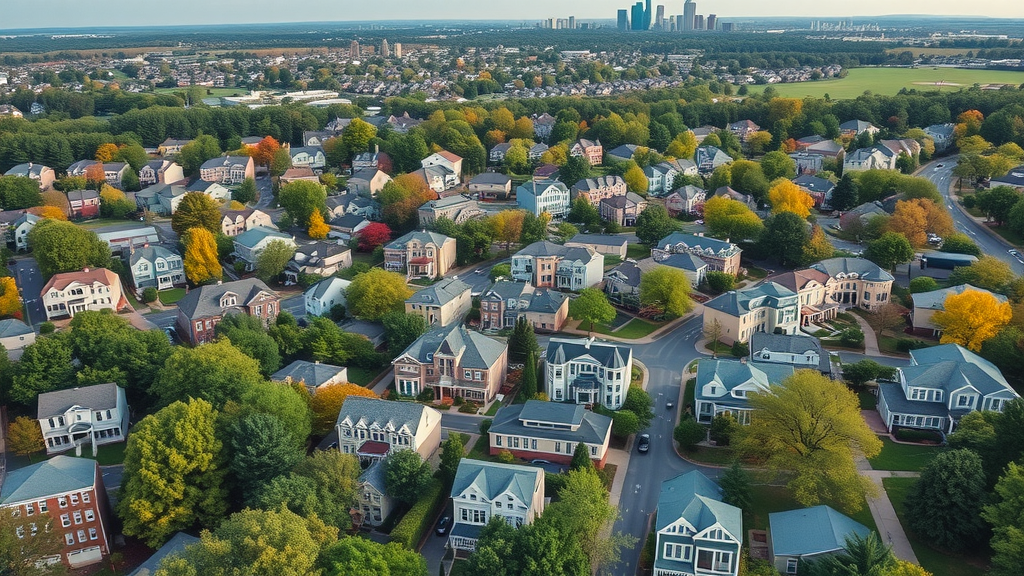 aerial view of diverse Charlotte neighborhoods, family-friendly neighborhoods charlotte, mix of modern and historic homes, trees and parks