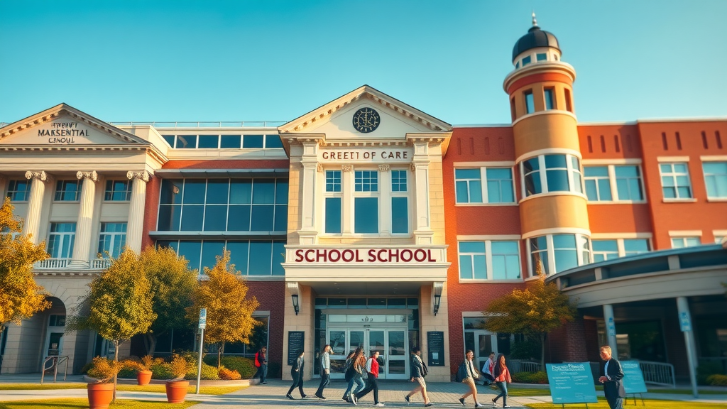 Diverse range of Charlotte NC school buildings, public, private, charter schools, with students entering - Charlotte NC school information
