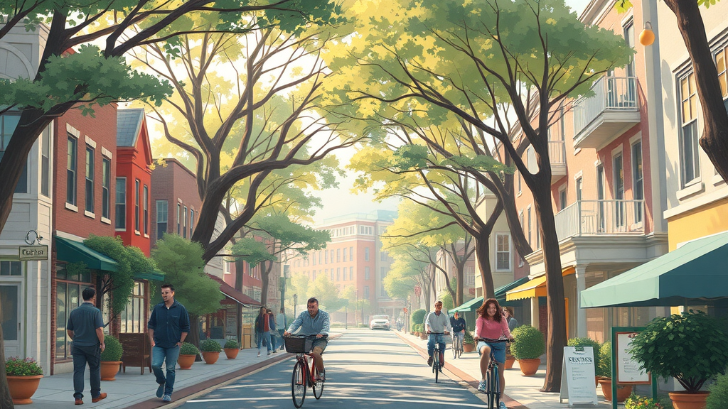 picturesque charlotte neighborhood with rental apartment signs, friendly ambiance, tree-lined streets, affordable apartments charlotte nc, residents walking and cycling