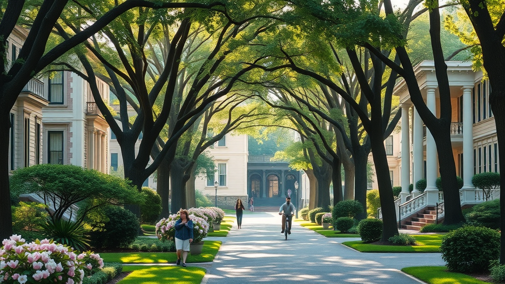 peaceful tree-lined Myers Park residential street in Charlotte, stately homes, blooming azaleas, elegant gardens, family-friendly Charlotte neighborhood