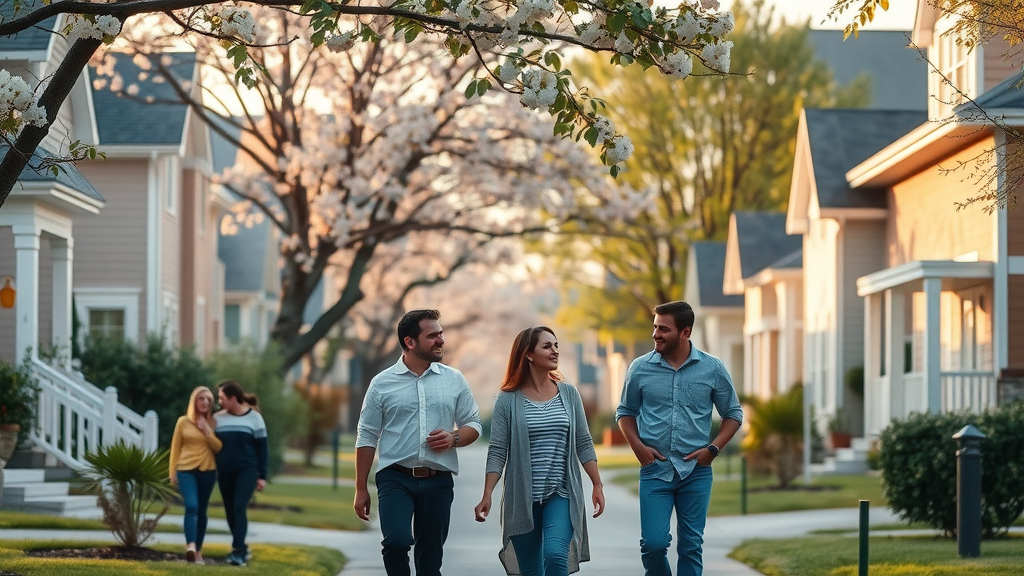 homes in charlotte neighborhood - families walking, contemporary homes, flowering trees, golden hour, Charlotte housing market