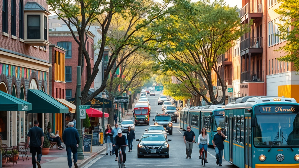 colorful Charlotte NC neighborhood streets with apartment buildings, cafes, street murals, and people commuting—a lively destination for rent in Charlotte NC.
