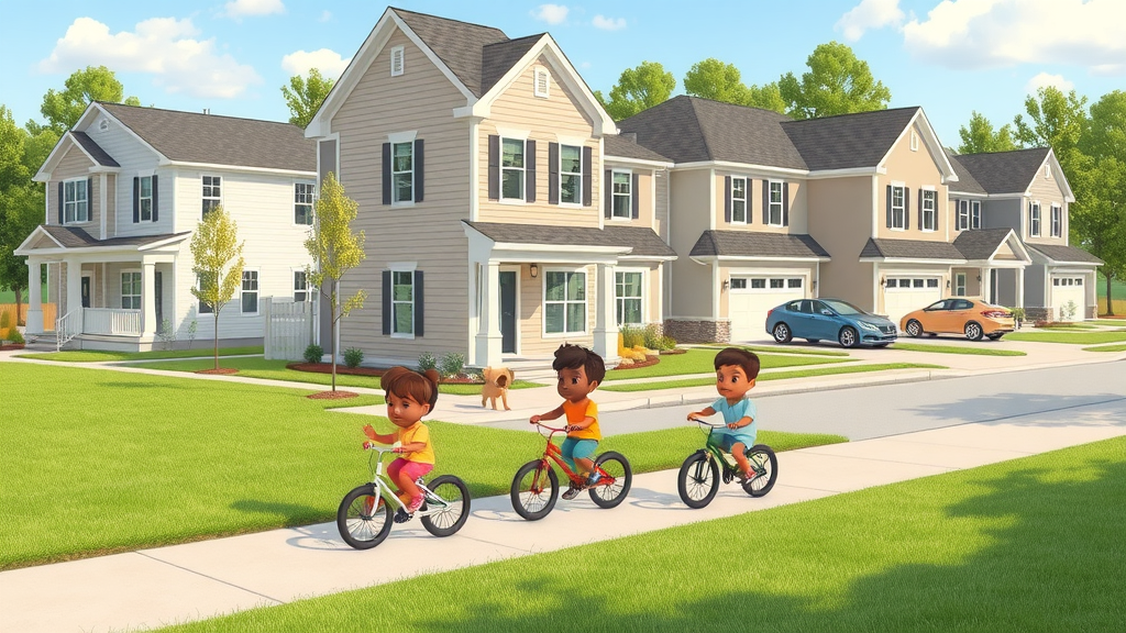 Modern suburban home in Ballantyne West, kids riding bikes on sidewalk, friends waving, family-friendly atmosphere and neat lawns in Ballantyne West, Charlotte.