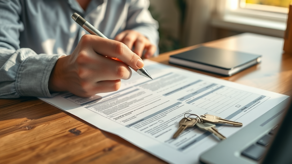 Renter in Charlotte reviewing apartment lease at desk with keys