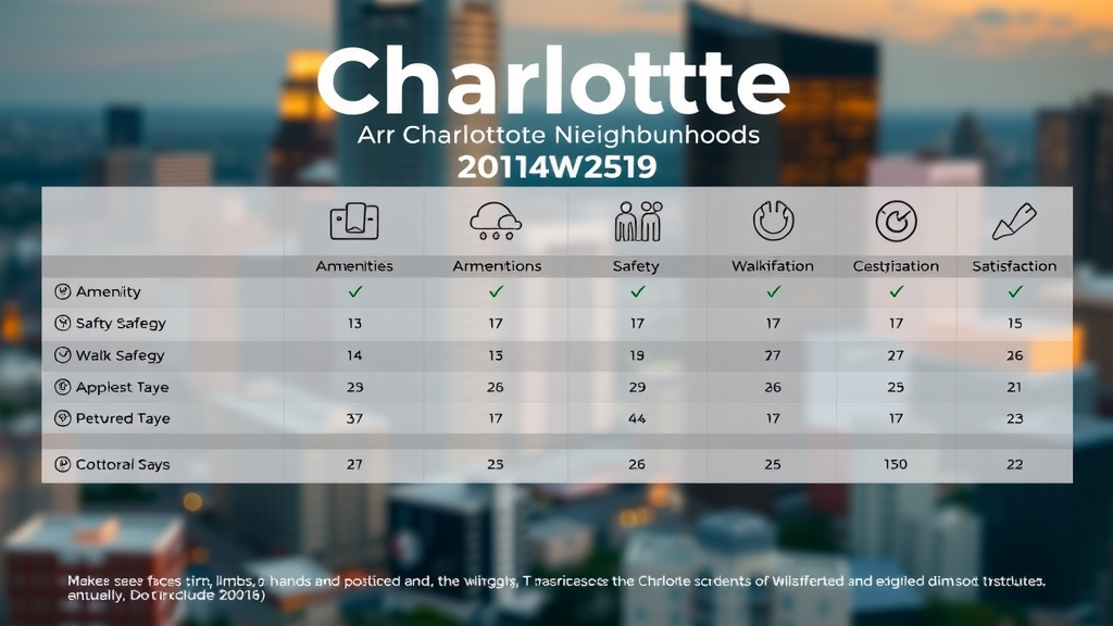 Comparison table infographic of Charlotte neighborhoods, amenities, safety, walkability, satisfaction, charlotte neighborhood reviews