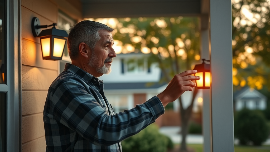 Charlotte community safety homeowner adjusts modern outdoor security light on suburban porch at sunset, fostering a safe neighborhood.