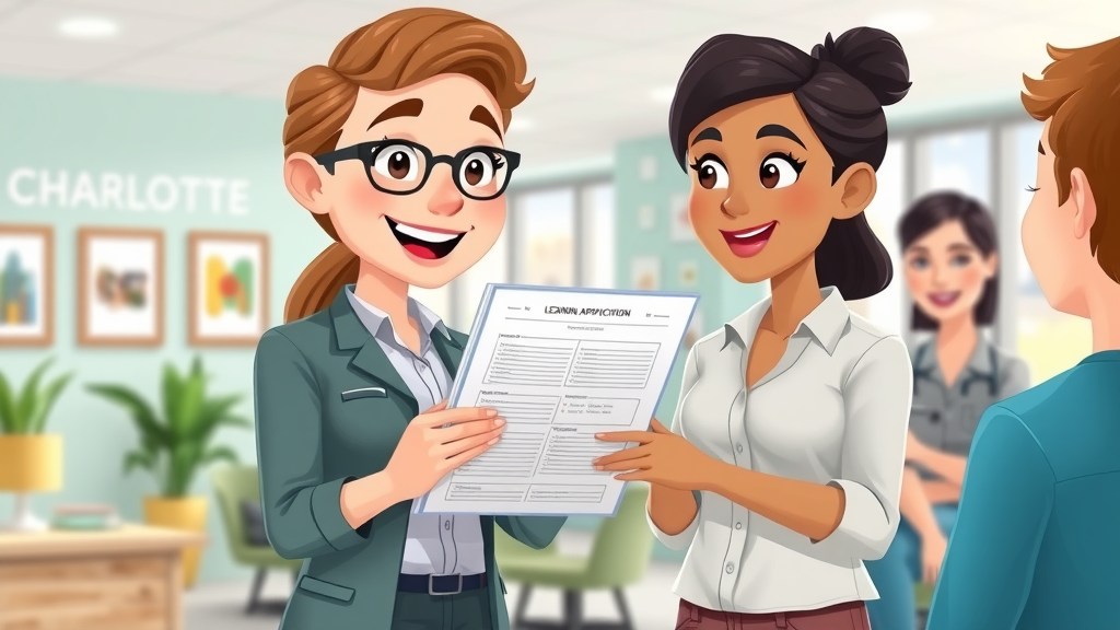 leasing agent showing rental application paperwork to tenants in a Charlotte-themed leasing office - apartment rent charlotte nc