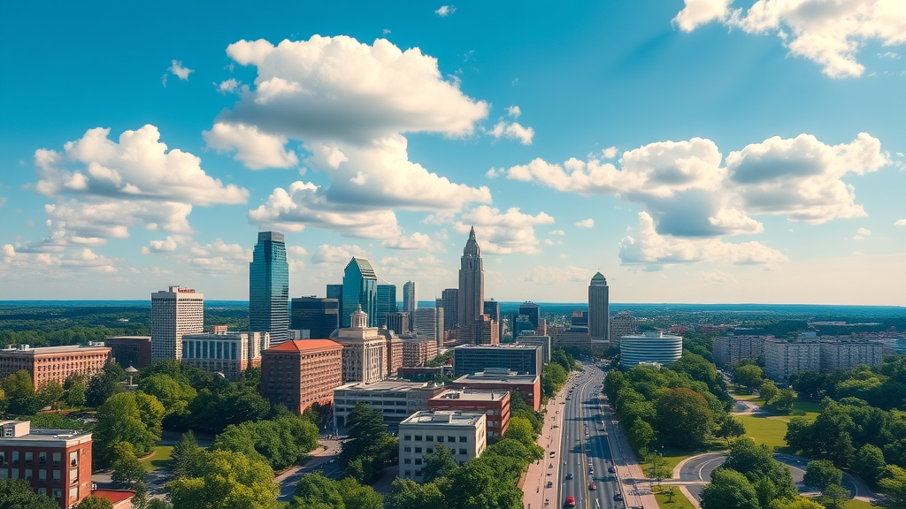aerial cityscape downtown charlotte neighborhoods, vibrant skyline, new residents, lush parks, bustling streets