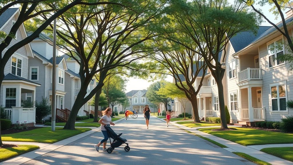 suburban street in South Charlotte, spacious family homes, shaded playgrounds, top-rated schools, best for families