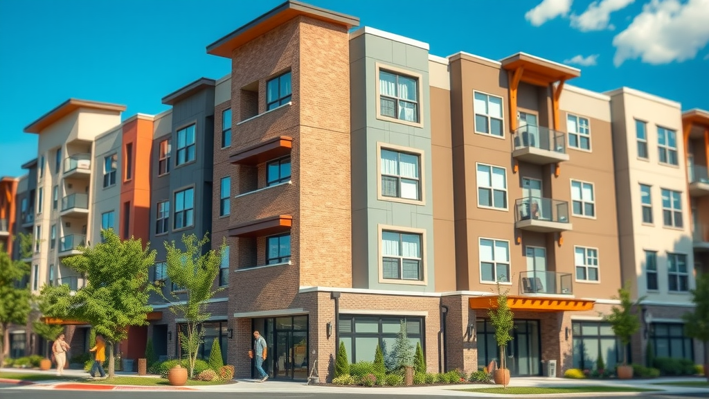 diverse apartment building exterior in Charlotte NC, people moving in, studio apartments, bedroom apartments, photorealistic