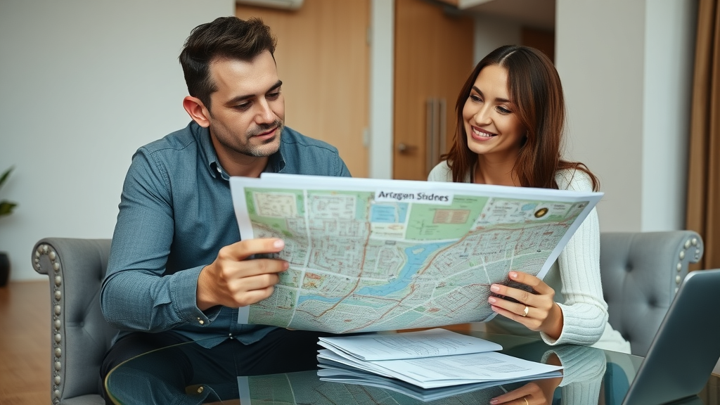 Charlotte neighborhood guide professional couple reviewing neighborhood maps in modern apartment
