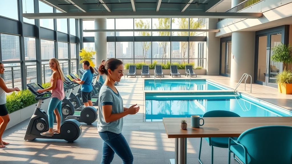 Residents enjoying outstanding amenities of charlotte nc apartments—fitness center, pool, coworking space, landscaped patio, and uptown city view