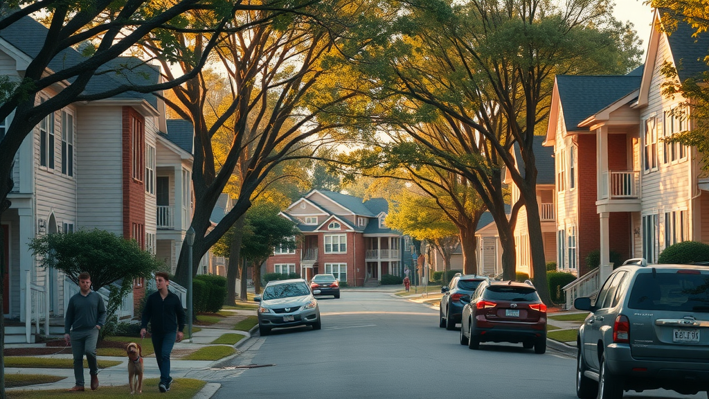 Peaceful residential neighborhood street scene in East Charlotte, affordable homes and apartments, tree-lined streets - rent in charlotte