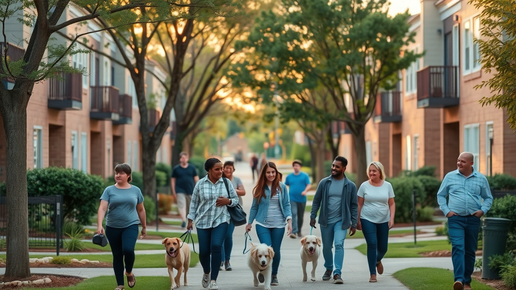 Residential neighborhood in Charlotte with affordable apartments and families outdoors
