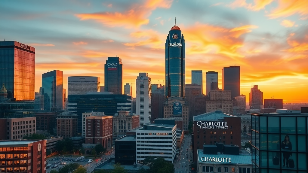 Vibrant Charlotte city skyline at sunset with modern high-rise luxury apartments in the Financial District, bustling people and upscale amenities, dynamic city lights