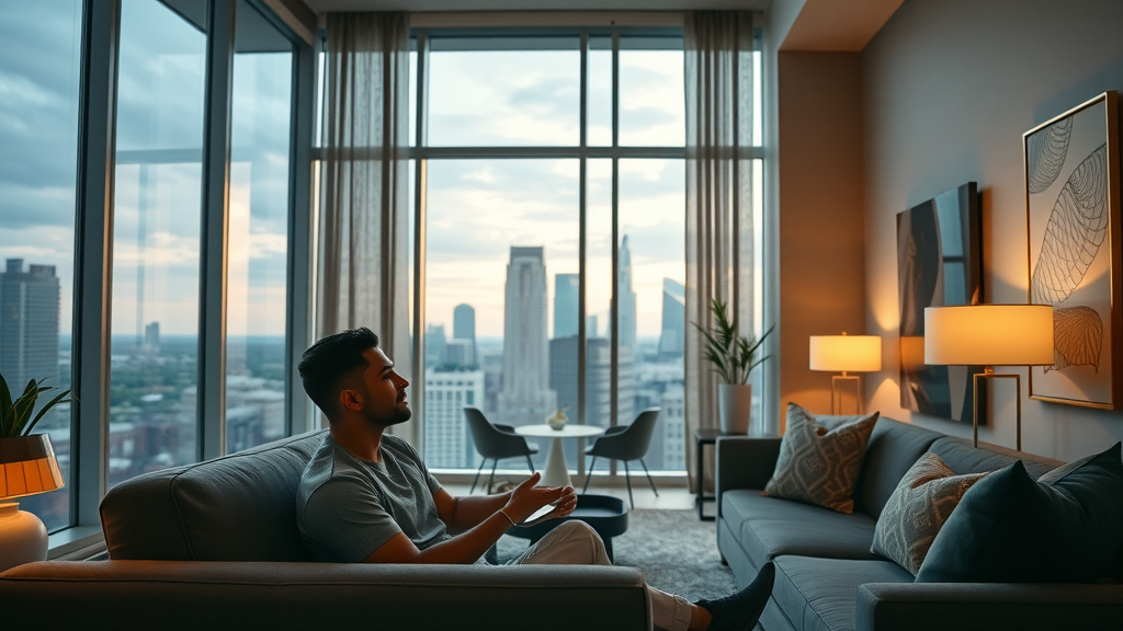 Modern luxury apartment interior with skyline view in Charlotte financial district housing charlotte