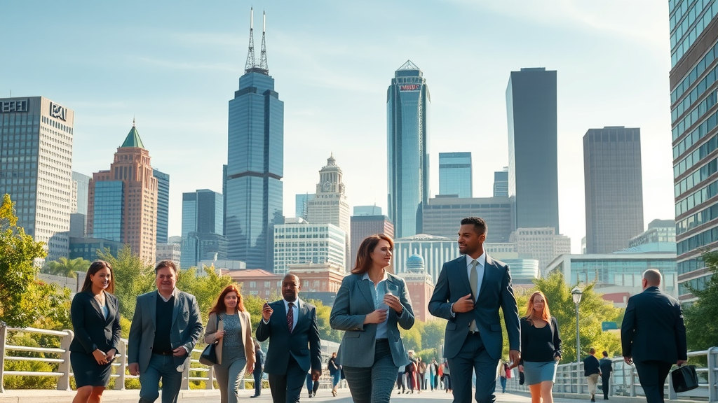 vibrant urban skyline, Charlotte cityscape with business professionals discussing work in modern downtown, What are the job opportunities in Charlotte