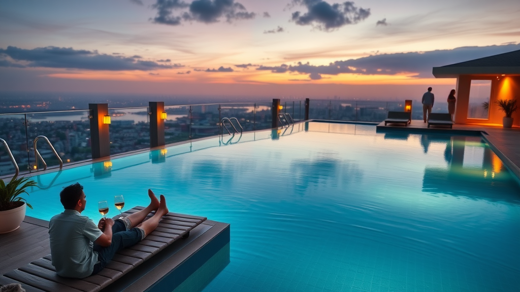 Luxurious rooftop pool at dusk in Charlotte, serene residents enjoying a panoramic city view and upscale amenities