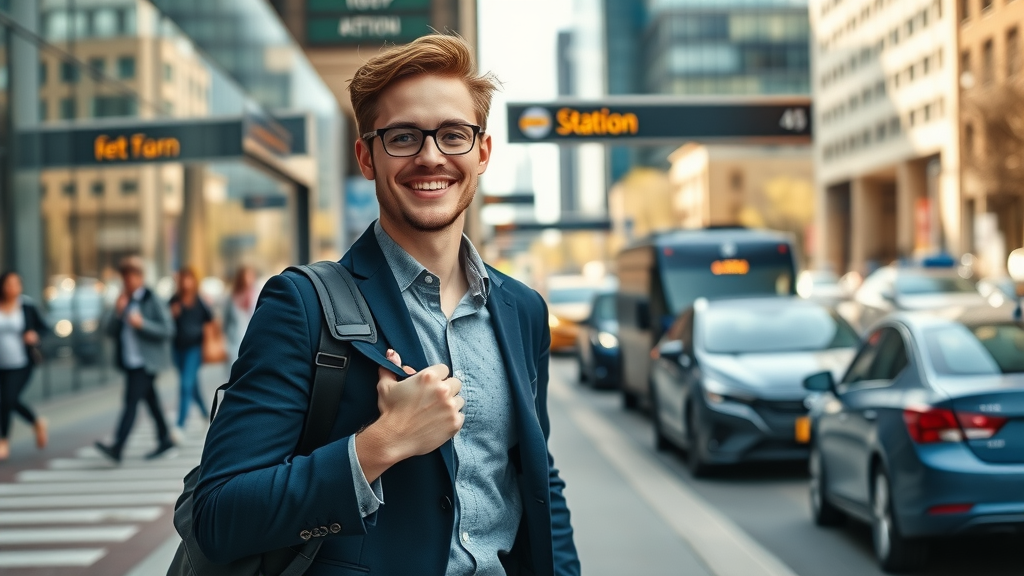 young professional walking to Uptown Charlotte light rail station - public transit options in city center