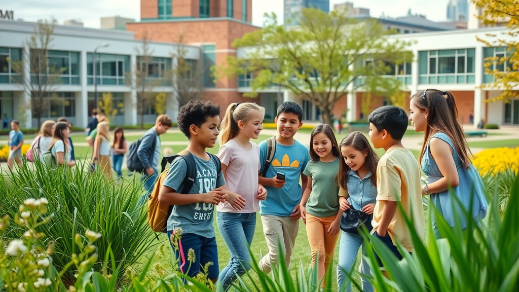 schools in charlotte nc - vibrant Charlotte school campus, students engaging in collaborative outdoor learning with city skyline