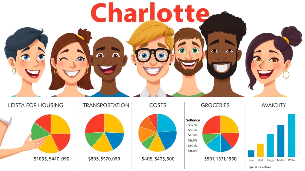 Infographic showing cost of living index categories in Charlotte: housing, transportation, groceries, and comparison charts